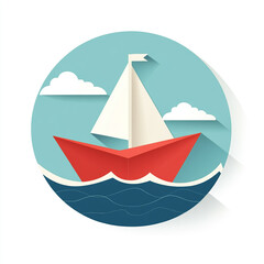 A simple, three-dimensional geometric paper boat with colorful folded sides on a white background. 