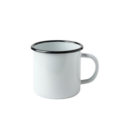 Simple white enamel mug with a black rim and handle, isolated on white background, perfect for rustic or camping themes.
