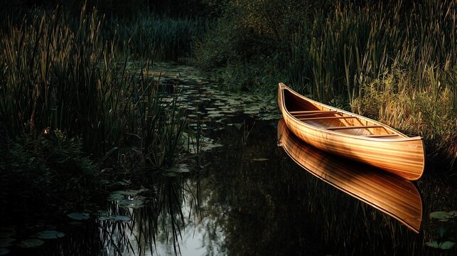 Wooden canoe floating on calm river in nature surrounded by reeds. Concept of adventure, travel, eco tourism, exploration, tranquility, summer vacation, outdoor leisure, camping lifestyle, serenity.