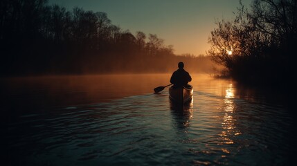 Silhouette of person kayaking on calm river at sunset, symbolizing adventure, outdoor recreation, travel, freedom, lifestyle, water sports, nature exploration and scenic landscape concept.