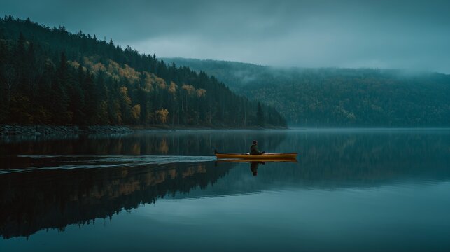 Kayaker paddling on calm lake surrounded by misty forest mountains in early morning, symbolizing adventure, solitude, outdoor travel, autumn season, wilderness, freedom, and nature exploration. - Powered by Adobe
