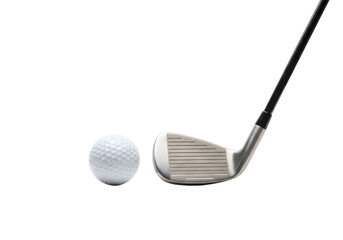 Close-up of a golf club positioned beside a golf ball, isolated on white background, ideal for sports or golfing themes.
