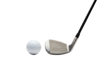 Close-up of a golf club positioned beside a golf ball, isolated on white background, ideal for sports or golfing themes.
