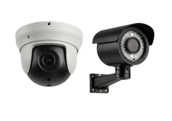Two types of security surveillance cameras, one dome and one bullet-style, shown in detail against white background for security concepts.
