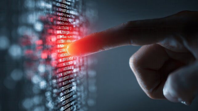 Close-up of a human finger touching a brightly lit digital screen displaying rows of binary code with a highlighted red section, symbolizing data interaction and technology.