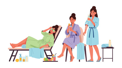 Three diverse women in plush spa robes relaxing and enjoying a serene spa day with skincare products and towels