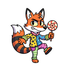 Mischievous Patchwork Fox Character with Lollipop - Cartoon Vector Illustration
