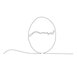 Draw one continuous line of a cracked egg shell. white background. One line organic farming products concept. Editable outline