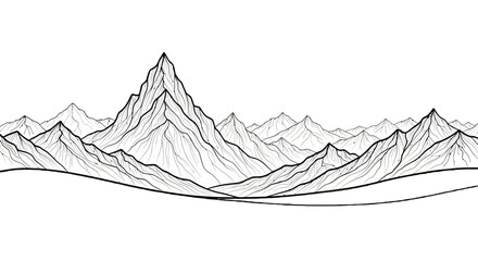 Majestic Mountain Range Line Art Panoramic Black and White Illustration © Kumara