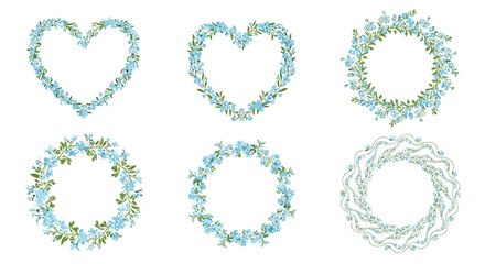 Elegant floral wreaths and heart designs with delicate blue flowers and greenery perfect for celebrations and decorations