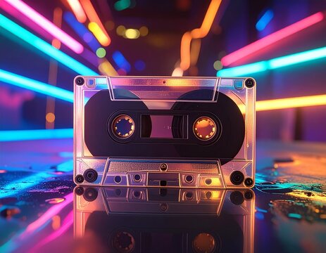 Retro Audio Cassette Tape with Neon Lights Background Concept