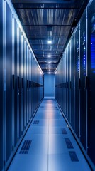 Fototapeta premium A long corridor in a server room with rows of server racks and a reflective floor in a blue color tone