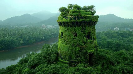 Ancient tower overgrown with lush greenery, nestled amidst a river valley and misty hills