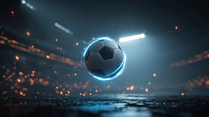 Futuristic soccer ball glowing ring cyber light digital stadium night game energy