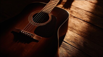 Fototapeta premium Acoustic guitar on wooden bench, detailed texture in warm light – timeless musical elegance