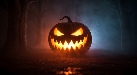 Naklejka premium Eerie Jack-o'-lantern with a glowing, scary face sitting on the ground in a spooky, dark forest at night surrounded by mist