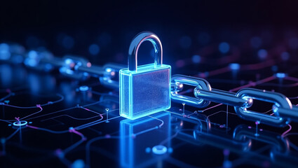 Glowing blue padlock securing a digital blockchain chain silhouette