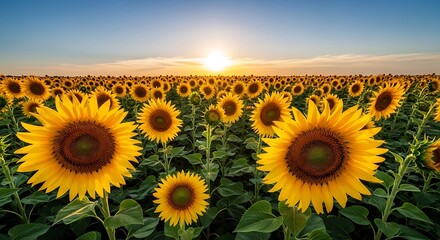 Obraz premium Sunflowers Field at Sunset.