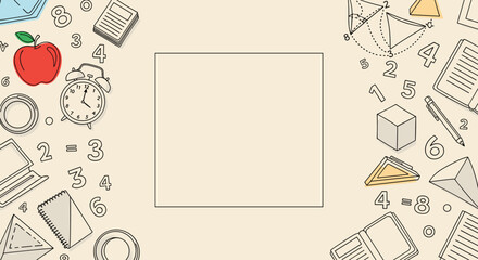 Creative educational background with math symbols apple and learning icons for study and teaching resources