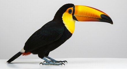 Naklejka premium (Azayaka shikisai nettou tori toukan odayaka hikari haikei shiro) Translation: Vivid colors tropical bird toucan gentle light white background. AI Generated