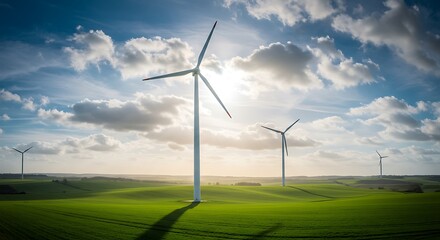 Obraz premium Scenic view of a wind farm on a lush green meadow, symbolizing clean electricity and environmental conservation