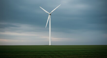 A solitary wind turbine stands tall in a vast green field under a dramatic, cloudy sky, symbolizing the future of sustainable energy