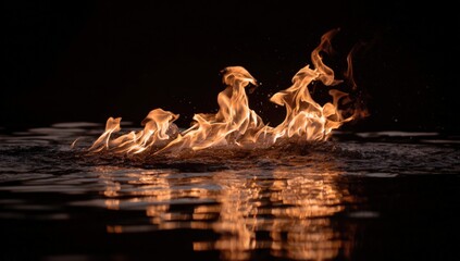 Fiery flames dancing on water at night