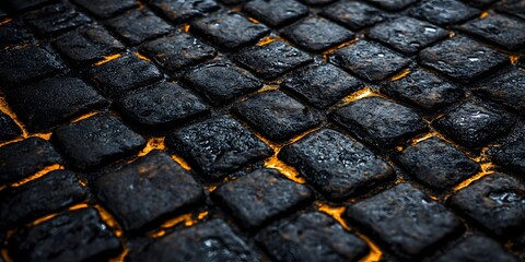 Close up of many dark burnt square pastries arranged in a grid pattern with glowing orange light beneath
