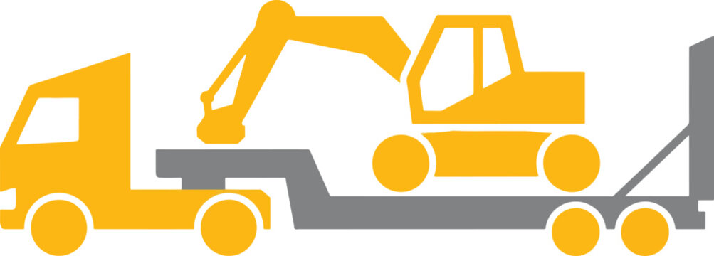 Excavator sits on a lowboy trailer being hauled to a construction site, symbolizing equipment transport and infrastructure development in a modern, efficient manner.