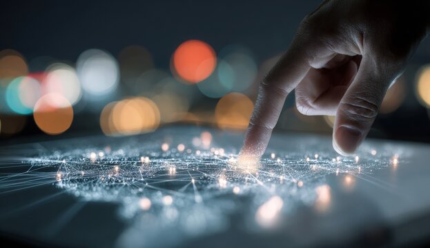 A hand touches a glowing network graphic on a tablet