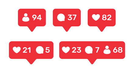 Social media notification icons set with followers, likes and comments counters. Red pop up bubble design isolated on white background for digital marketing, community engagement and interaction