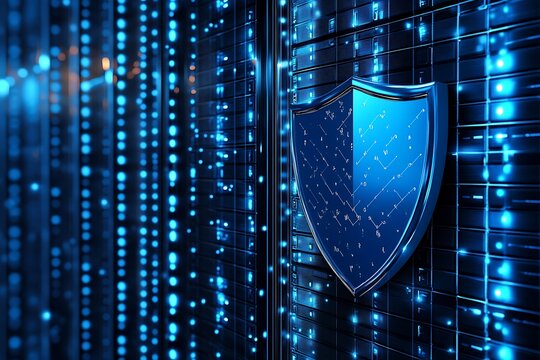 A blue shield overlaying a server rack with glowing blue lights representing data and network security