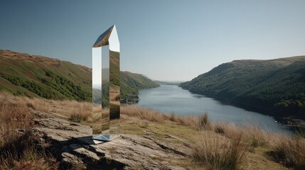 Reflective obelisk on a hillside overlooking a lake