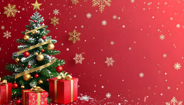 Festive Christmas tree decorated with ornaments and gifts against a vibrant red background