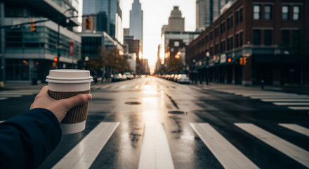 Obraz premium Morning Coffee on Empty City Street at Sunrise