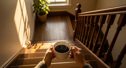 Cozy Morning Coffee Indoors by Staircase
