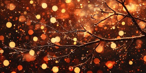 Close up of bare tree branches adorned with water droplets and illuminated by glowing orange and yellow bokeh lights