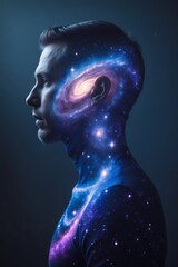 professional photo of a human profile silhouette filled with a vibrant cosmic galaxy of twinkling stars and swirling nebulas in shades of blue and purple symbolizing infinite imagination set against a