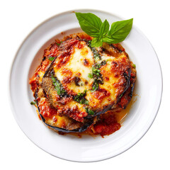 homemade eggplant parmigiana with melted cheese in cocotte

