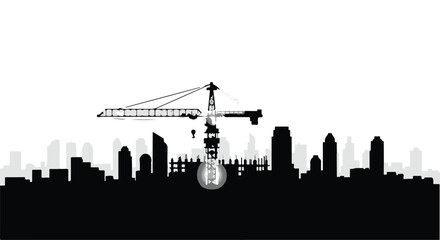 Symbol of innovation and progress, a glowing lightbulb hangs from a construction crane over a city skyline.