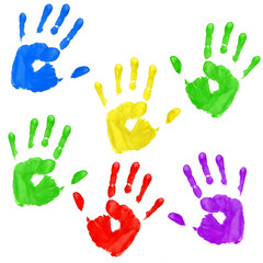 Colorful handprints on white background.