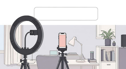Illustrated home office scene with a modern vlogging setup for digital content creation