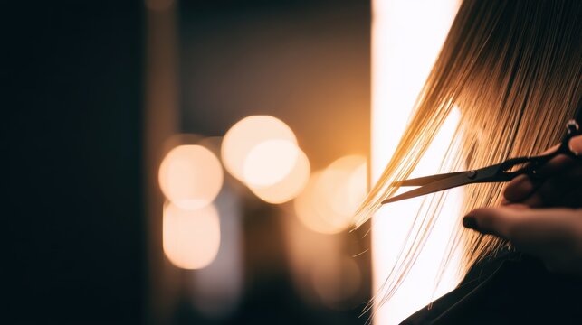 Hairdresser meticulously cutting long hair in a stylish salon with warm lighting and blurred background