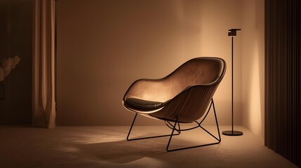 An elegant contemporary lounge chair sits in a minimalist room, illuminated by a warm floor lamp for a serene and luxurious ambiance