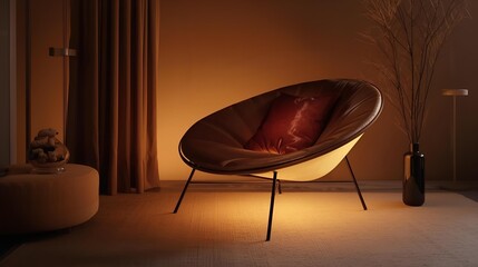 Cozy Modern Armchair with Warm Ambient Lighting and Decorative Pillow