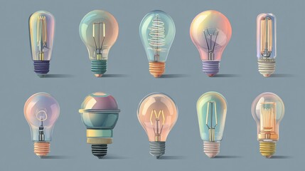 Set of various light bulb designs, pastel colors