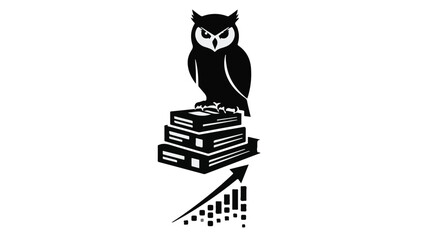 Wise owl perched on stack of books with upward trending graph, symbolizing knowledge and growth.