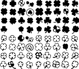 clover, shamrock, club, symbol, silhouette, icon, design, element, lucky, four leaf clover, three leaf clover, leaf, plant, nature, graphic, pattern, collection, set, isolated, white background, black