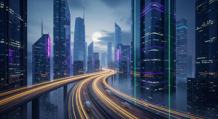 Naklejka premium Futuristic City Network Background with Digital Connections and Smart Technology Concept,