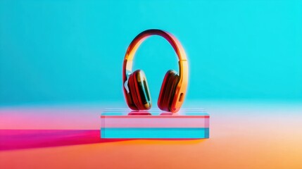 Gold headphones on teal acrylic stand against vibrant gradient background, ideal for tech products or music content.